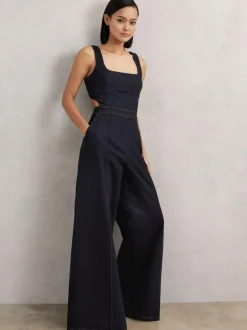 Reiss Dark Blue Dionna Wide-Leg Cut-Out Denim Jumpsuit Online