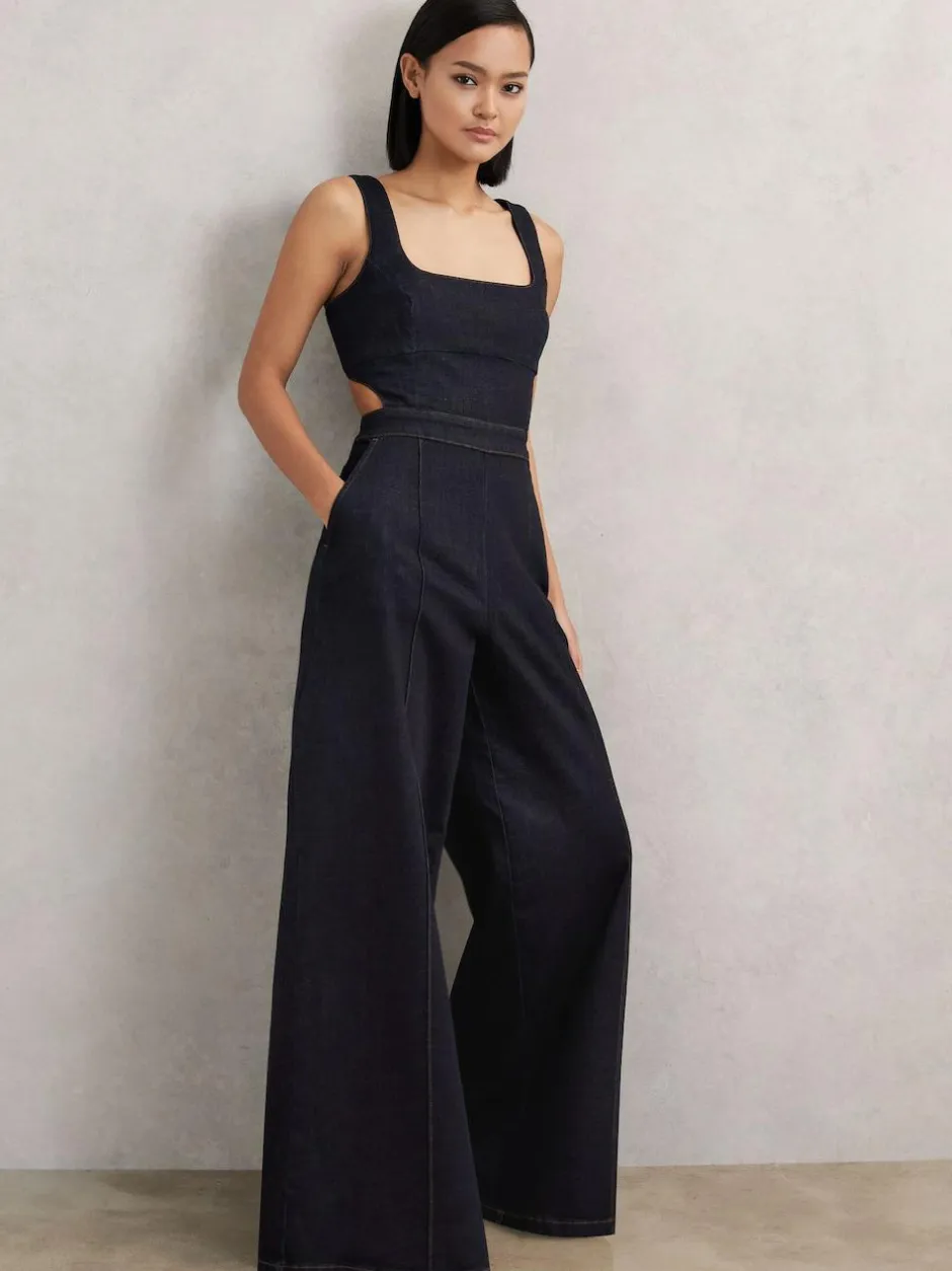 Reiss Dark Blue Dionna Wide-Leg Cut-Out Denim Jumpsuit Online