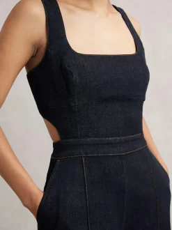 Reiss Dark Blue Dionna Wide-Leg Cut-Out Denim Jumpsuit Online
