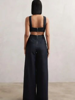 Reiss Dark Blue Dionna Wide-Leg Cut-Out Denim Jumpsuit Online