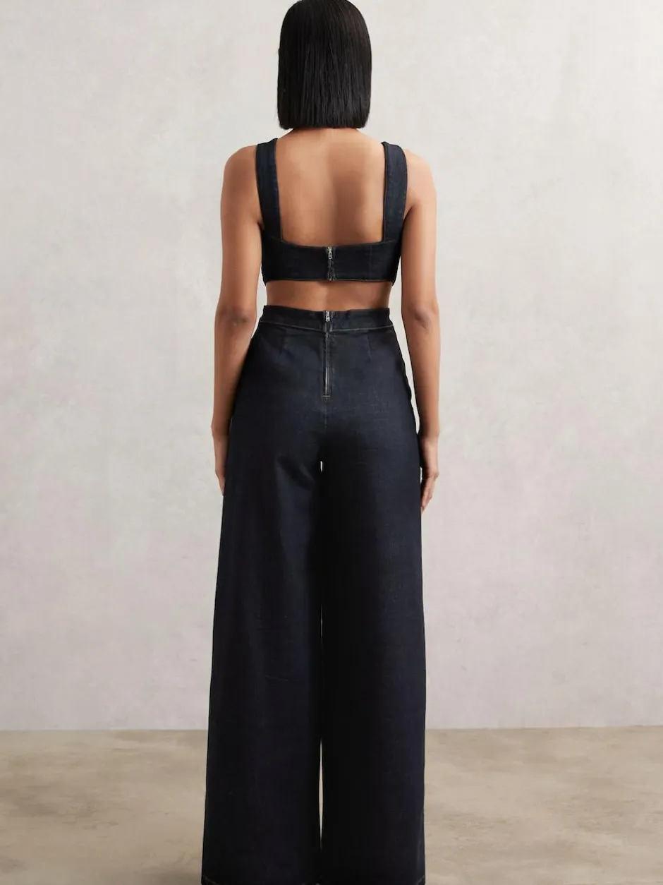 Reiss Dark Blue Dionna Wide-Leg Cut-Out Denim Jumpsuit Online