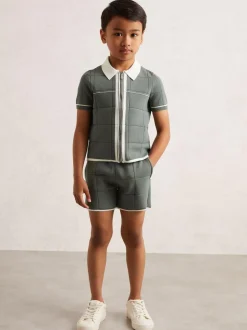 Reiss Barbor 3-9 yrs Tipped Knit Stitch-Detail Shorts Dark Sage Green Online