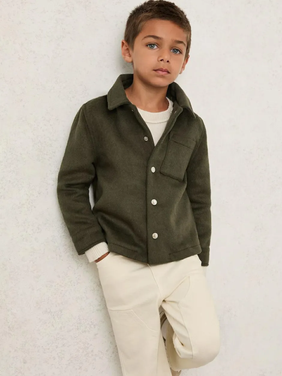 Reiss Benjamin 3-9 yrs Wool-Blend Detachable-Hood Overshirt Dark Sage Green Hot