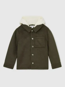 Reiss Benjamin 3-9 yrs Wool-Blend Detachable-Hood Overshirt Dark Sage Green Hot
