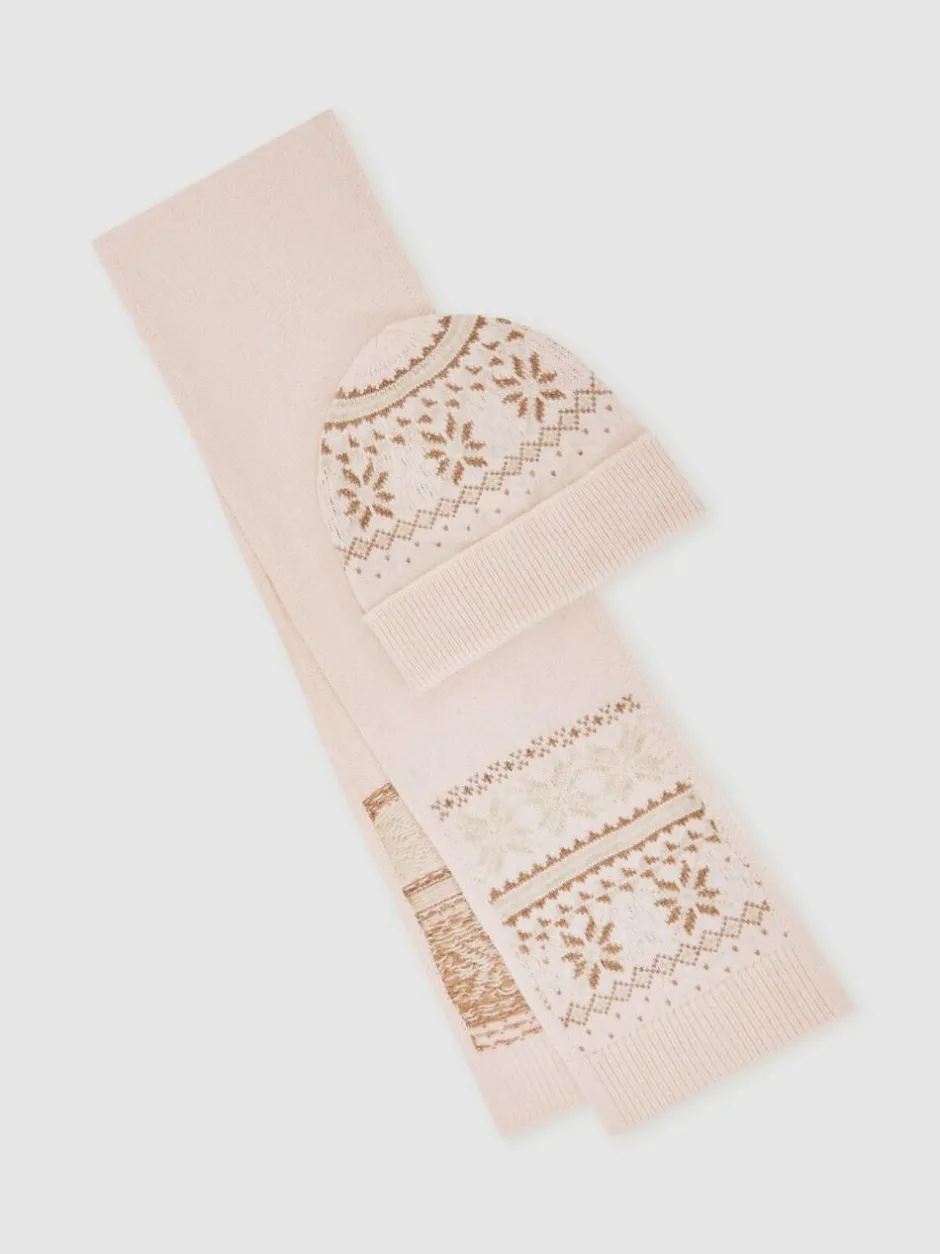Reiss Ecru Farah Junior Fair Isle Hat And Scarf Set With Wool