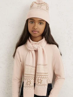 Reiss Ecru Farah Junior Fair Isle Hat And Scarf Set With Wool