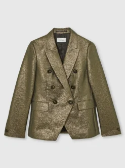 Reiss Sienna Double-Breasted Metallic Suit Blazer with Cotton Gold Clearance