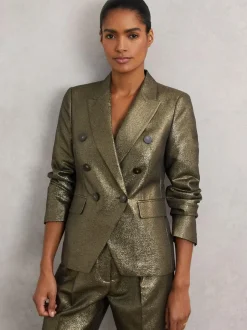 Reiss Sienna Double-Breasted Metallic Suit Blazer with Cotton Gold Clearance