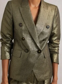Reiss Sienna Double-Breasted Metallic Suit Blazer with Cotton Gold Clearance