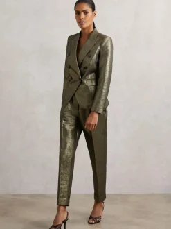 Reiss Sienna Double-Breasted Metallic Suit Blazer with Cotton Gold Clearance