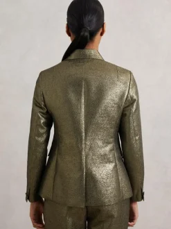 Reiss Sienna Double-Breasted Metallic Suit Blazer with Cotton Gold Clearance