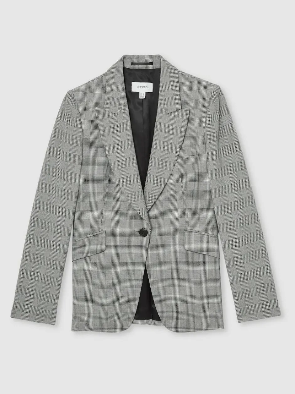 Reiss Grey Brooklyn Single-Breasted Check Suit Blazer New