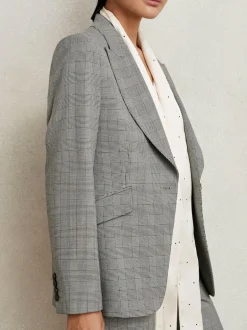 Reiss Grey Brooklyn Single-Breasted Check Suit Blazer New