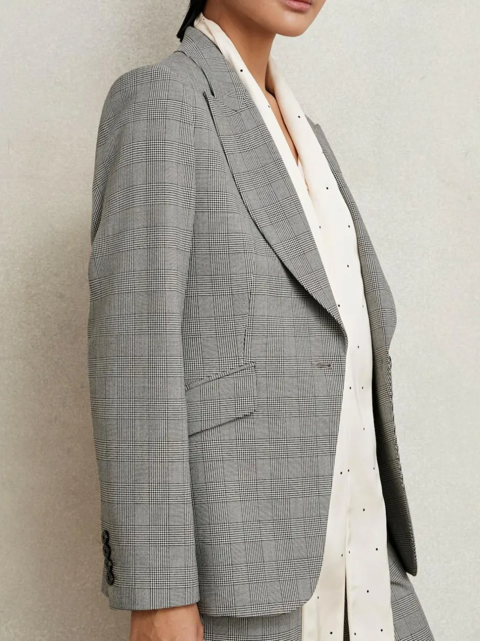 Reiss Grey Brooklyn Single-Breasted Check Suit Blazer New