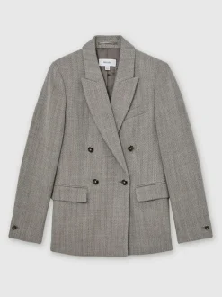 Reiss Grey Ember Herringbone Double-Breasted Blazer Wool-Cotton Discount