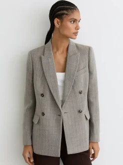 Reiss Grey Ember Herringbone Double-Breasted Blazer Wool-Cotton Discount
