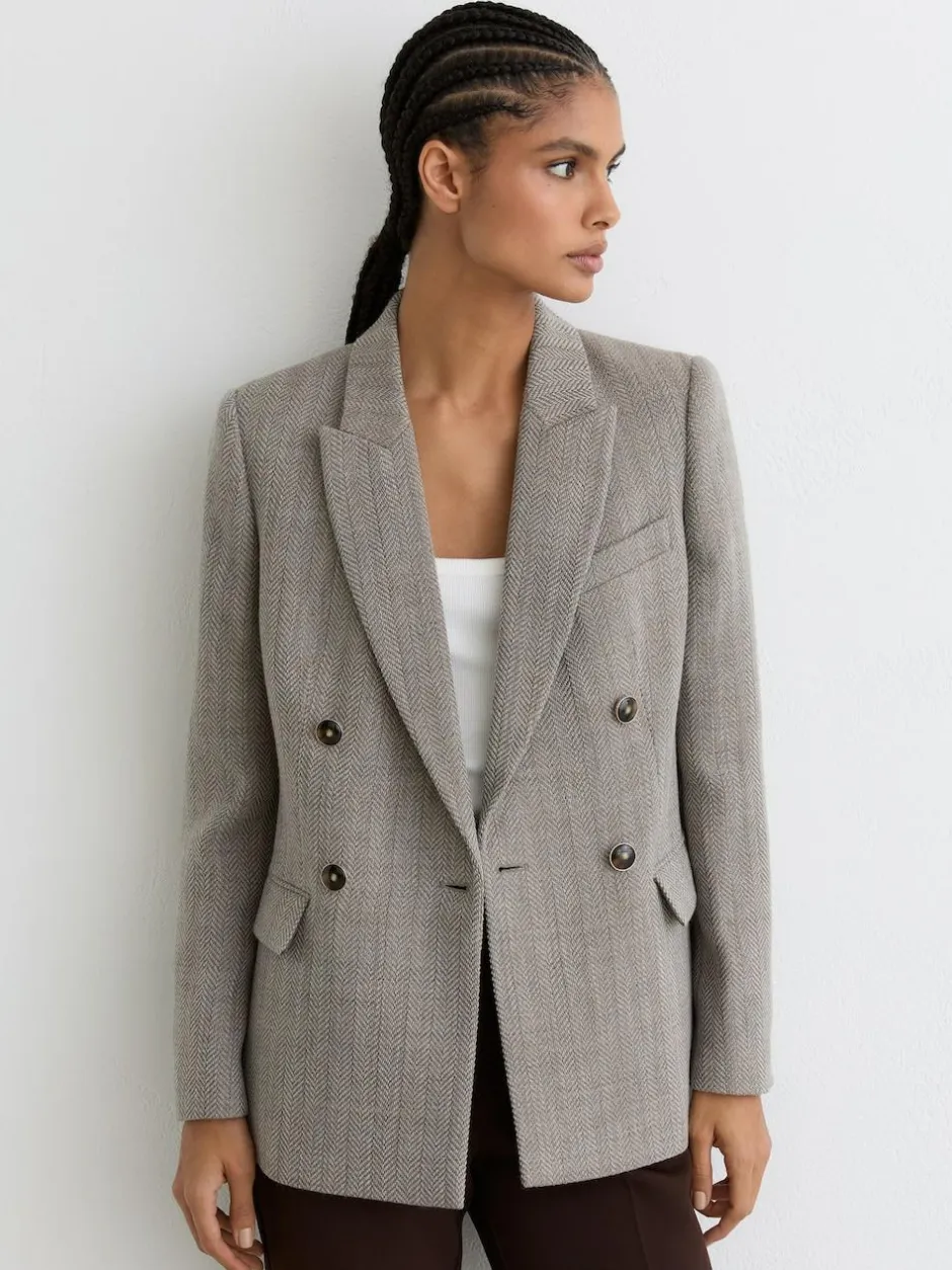 Reiss Grey Ember Herringbone Double-Breasted Blazer Wool-Cotton Discount