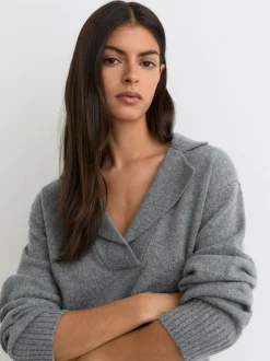 Reiss Flo Wool-Cashmere Collared Knit Jumper Grey Marl