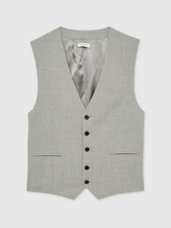 Reiss Grey Slice Puppytooth-Check Suit Waistcoat Wool-Blend Clearance