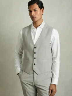 Reiss Grey Slice Puppytooth-Check Suit Waistcoat Wool-Blend Clearance