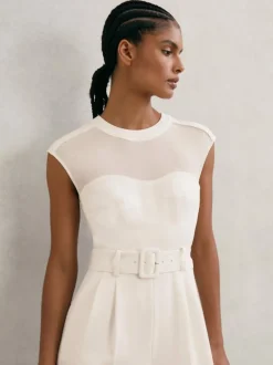 Reiss Ivory Alba Petite Sheer-Panel Wide-Leg Belted Jumpsuit