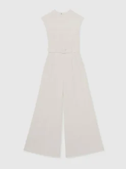 Reiss Ivory Alba Petite Sheer-Panel Wide-Leg Belted Jumpsuit