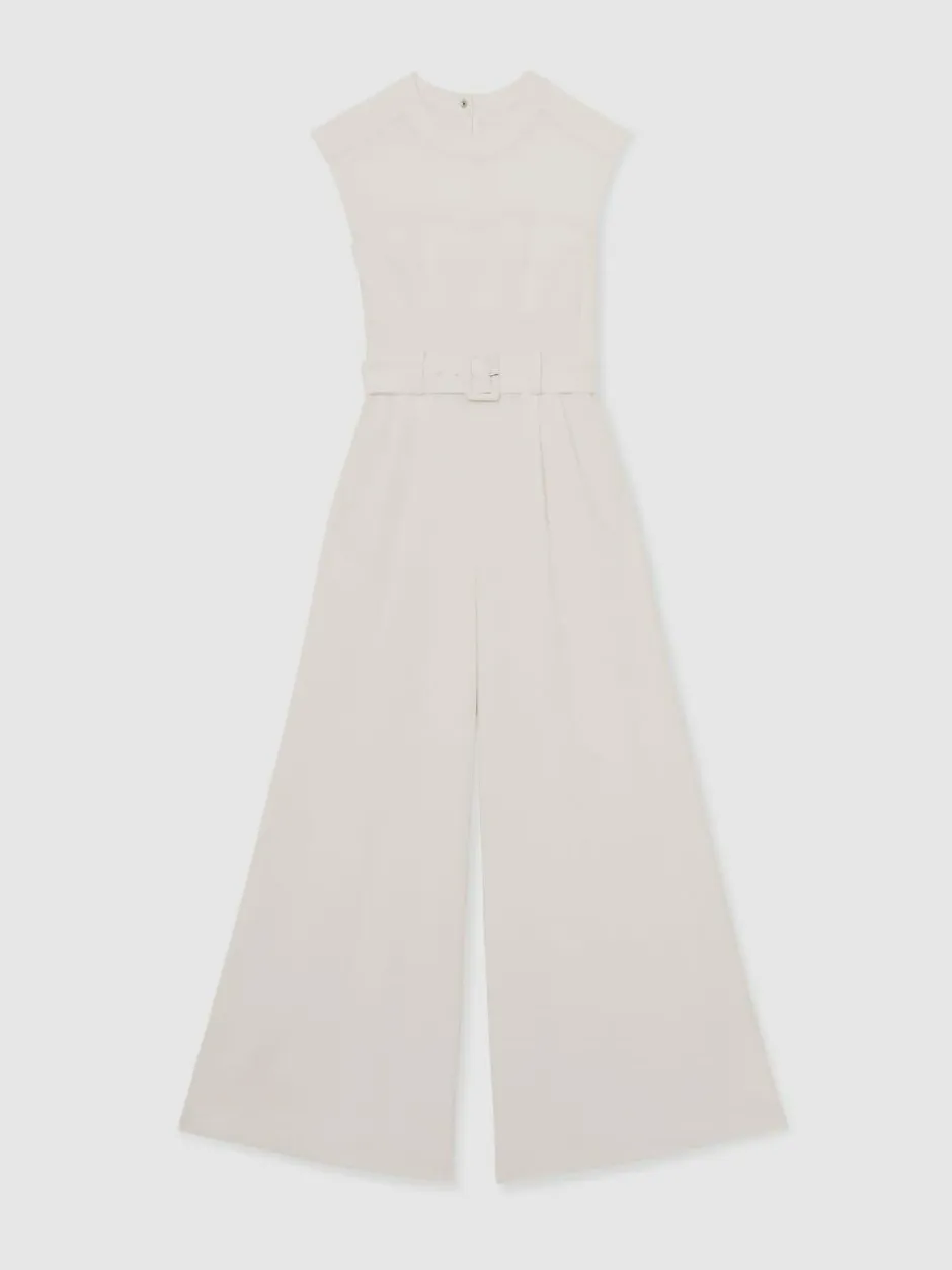 Reiss Ivory Alba Petite Sheer-Panel Wide-Leg Belted Jumpsuit