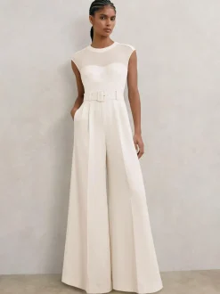 Reiss Ivory Alba Petite Sheer-Panel Wide-Leg Belted Jumpsuit