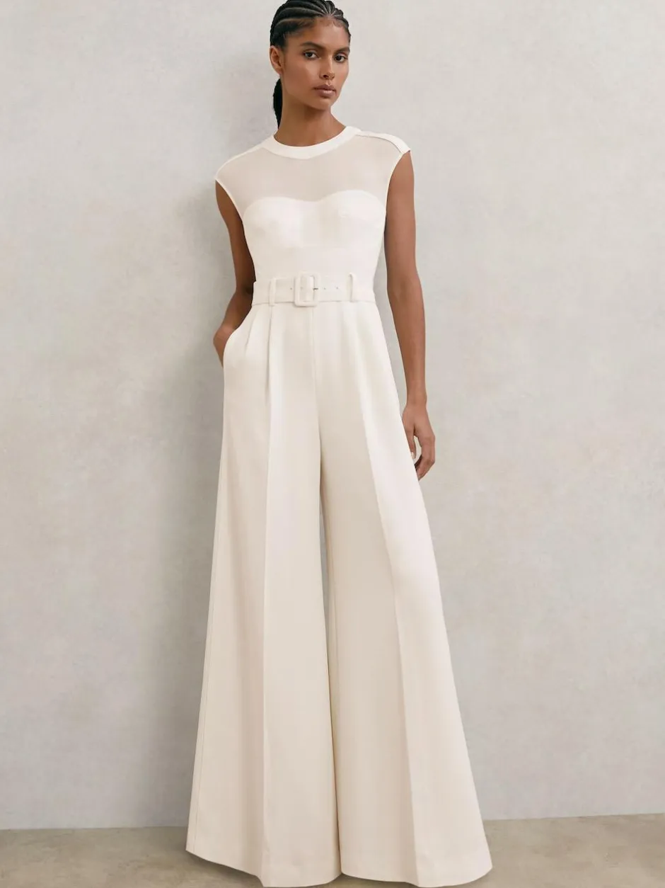 Reiss Ivory Alba Petite Sheer-Panel Wide-Leg Belted Jumpsuit