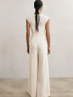 Reiss Ivory Alba Petite Sheer-Panel Wide-Leg Belted Jumpsuit