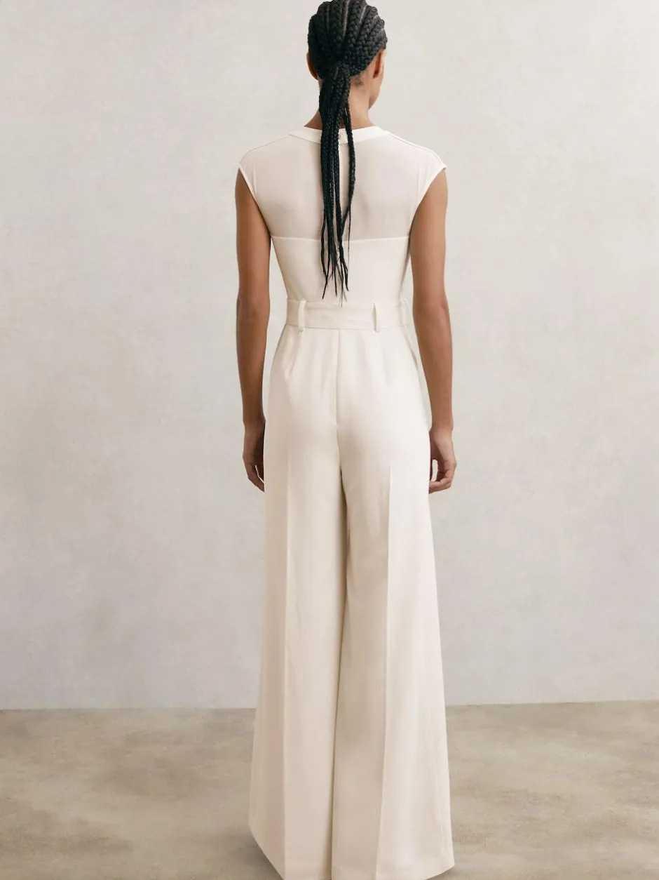 Reiss Ivory Alba Petite Sheer-Panel Wide-Leg Belted Jumpsuit