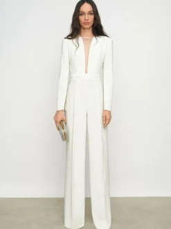 Reiss Evora Plunge-Neck Split-Sleeve Jumpsuit Ivory Clearance