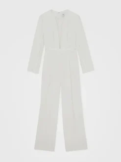 Reiss Evora Plunge-Neck Split-Sleeve Jumpsuit Ivory Clearance