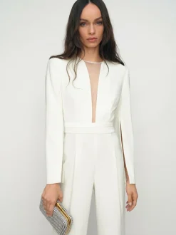 Reiss Evora Plunge-Neck Split-Sleeve Jumpsuit Ivory Clearance