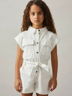 Reiss Ivory Zoe 9-13 yrs Cotton-Linen Belted Playsuit Outlet