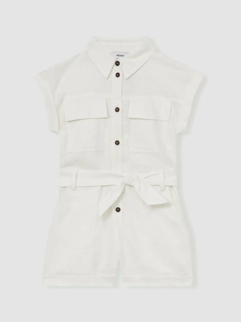 Reiss Ivory Zoe 9-13 yrs Cotton-Linen Belted Playsuit Outlet