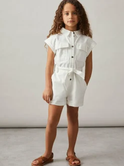 Reiss Ivory Zoe 9-13 yrs Cotton-Linen Belted Playsuit Outlet