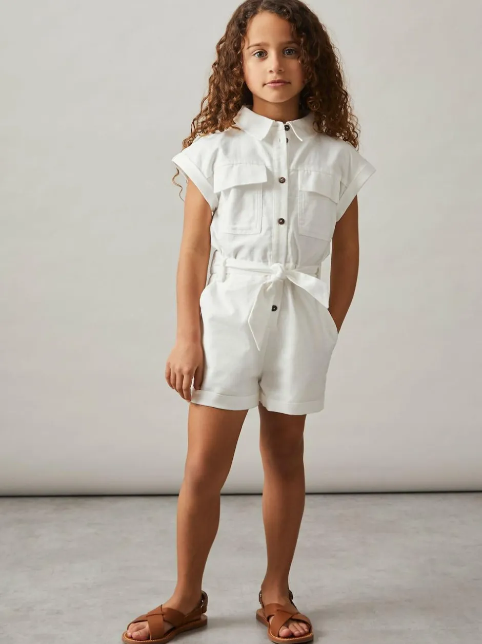 Reiss Ivory Zoe 9-13 yrs Cotton-Linen Belted Playsuit Outlet