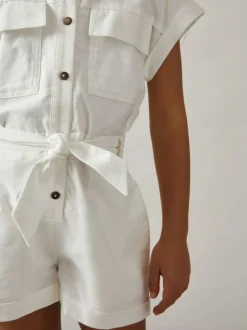 Reiss Ivory Zoe 9-13 yrs Cotton-Linen Belted Playsuit Outlet