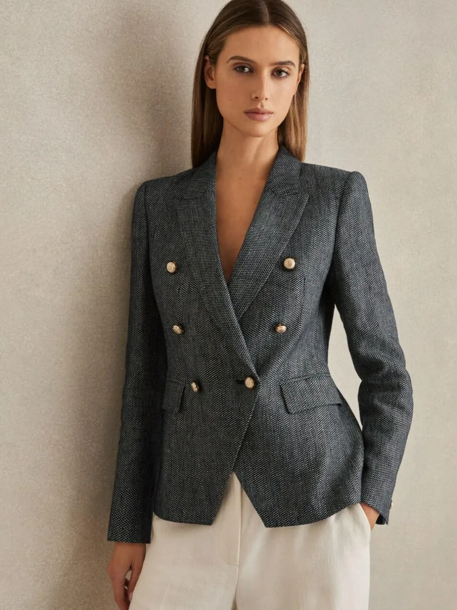 Reiss Navy Baker Linen-Cotton Double-Breasted Blazer