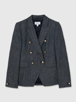 Reiss Navy Baker Linen-Cotton Double-Breasted Blazer