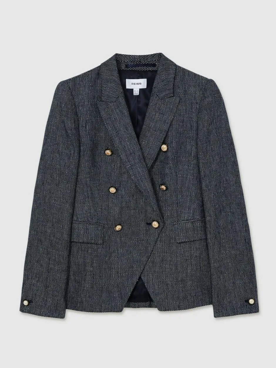 Reiss Navy Baker Linen-Cotton Double-Breasted Blazer
