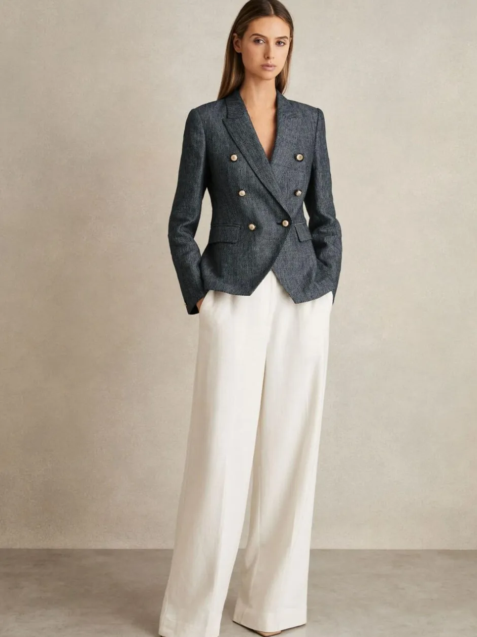Reiss Navy Baker Linen-Cotton Double-Breasted Blazer