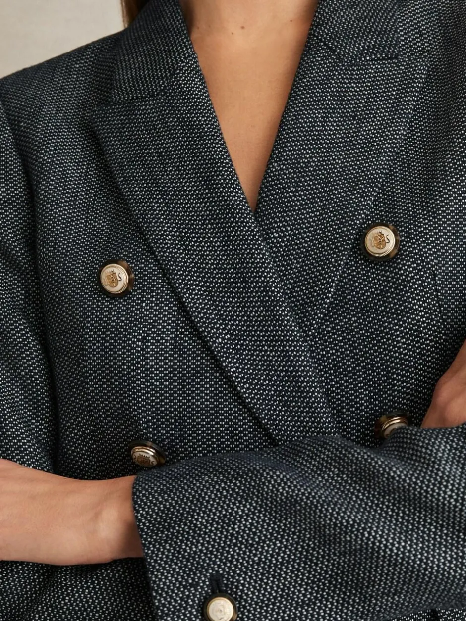 Reiss Navy Baker Linen-Cotton Double-Breasted Blazer