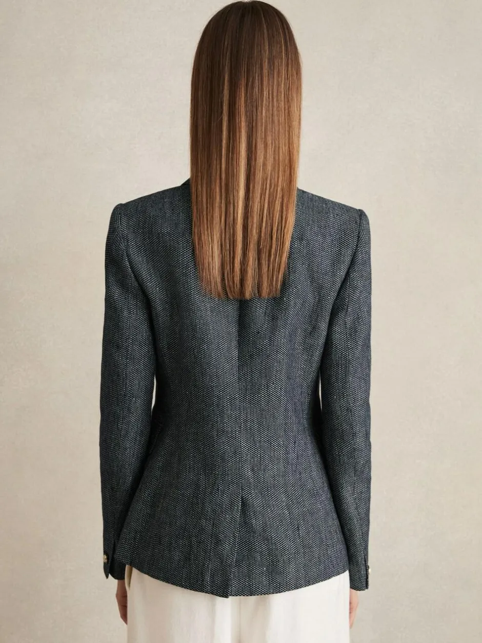 Reiss Navy Baker Linen-Cotton Double-Breasted Blazer