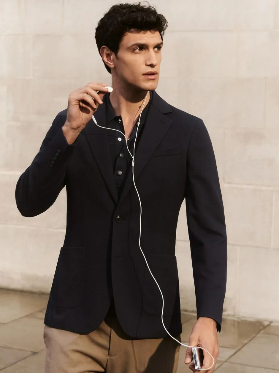 Reiss Navy Gerrard Single-Breasted Jersey Suit Blazer Tailored-Fit New