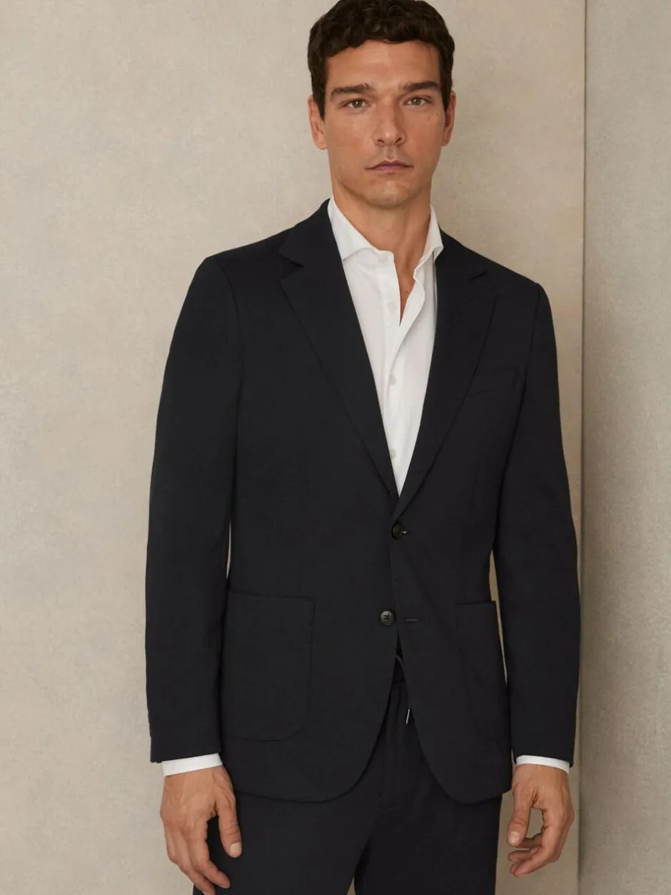 Reiss Navy Gerrard Single-Breasted Jersey Suit Blazer Tailored-Fit New