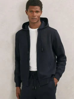 Reiss Howel Cotton-Blend Zip-Through Hoodie Navy New