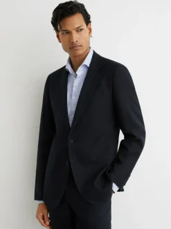 Reiss Kin Single Breasted Linen Blazer Tailored-Fit Navy Discount