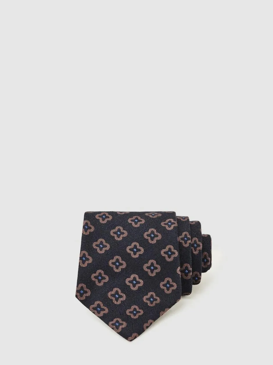 Reiss Navy Omero Silk-Wool Floral-Medallion Tie Online